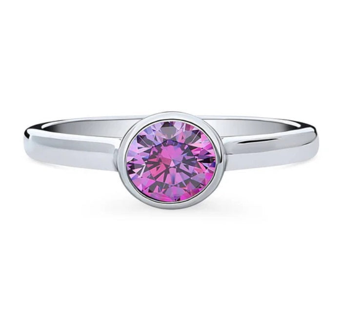 Solitaire Purple Bezel Set Round CZ Ring in Sterling Silver 0.8ct
