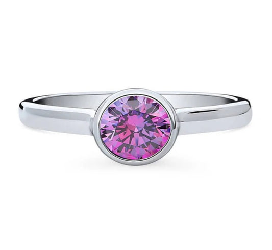Solitaire Purple Bezel Set Round CZ Ring in Sterling Silver 0.8ct
