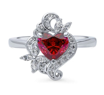 Heart Flower Simulated Ruby CZ Ring in Sterling Silver