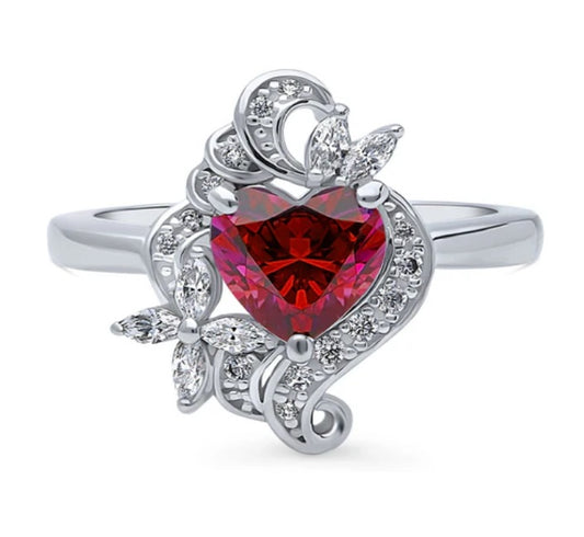 Heart Flower Simulated Ruby CZ Ring in Sterling Silver