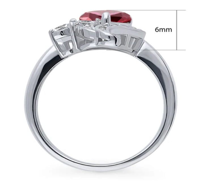 Heart Flower Simulated Ruby CZ Ring in Sterling Silver