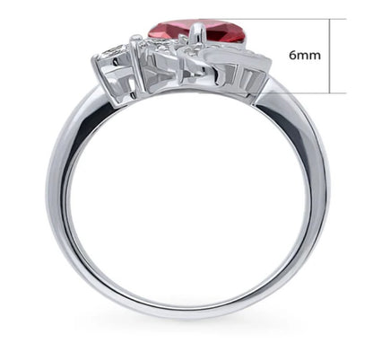 Heart Flower Simulated Ruby CZ Ring in Sterling Silver