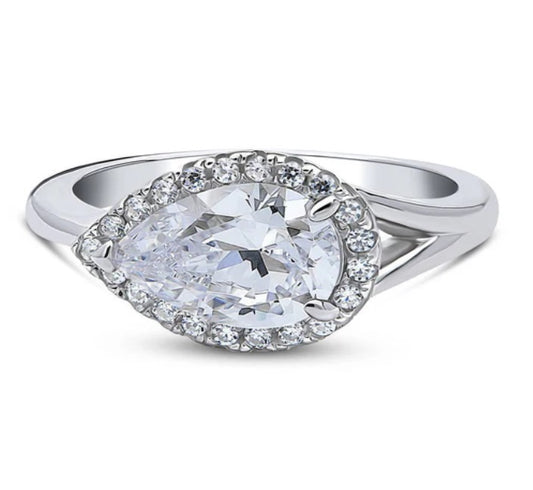 Halo East-West Pear CZ Split Shank Ring in Sterling Silver