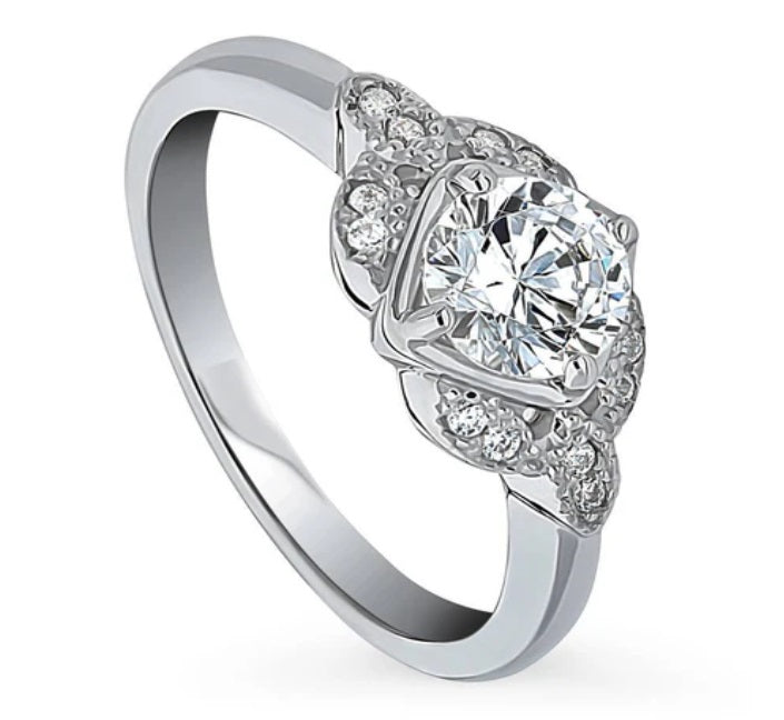 Flower Solitaire CZ Ring in Sterling Silver