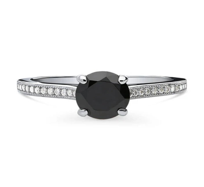 Solitaire Black and White Round CZ Ring in Sterling Silver 1ct