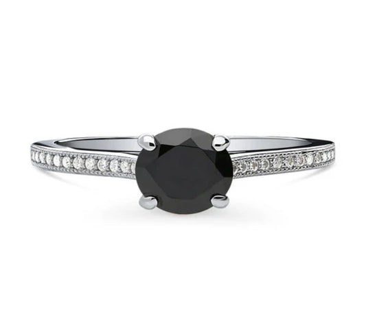 Solitaire Black and White Round CZ Ring in Sterling Silver 1ct