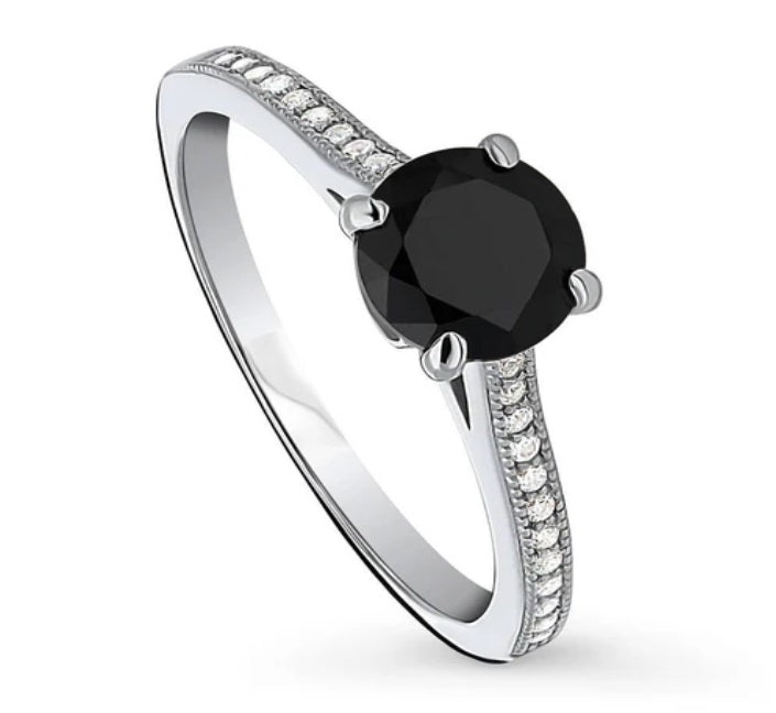 Solitaire Black and White Round CZ Ring in Sterling Silver 1ct