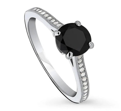 Solitaire Black and White Round CZ Ring in Sterling Silver 1ct