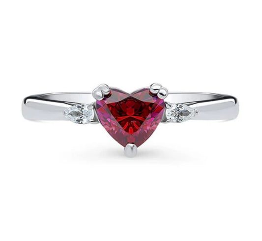 3-Stone Heart Red CZ Ring in Sterling Silver
