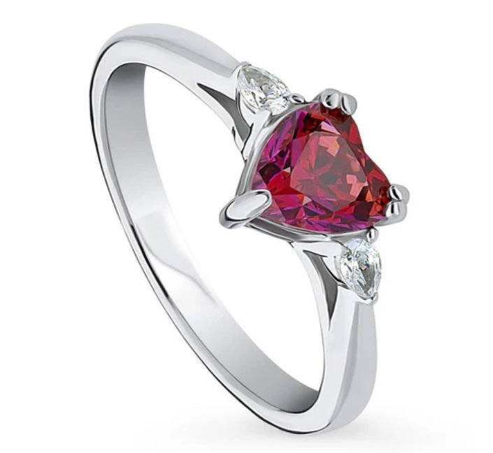 3-Stone Heart Red CZ Ring in Sterling Silver