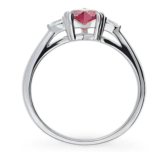 3-Stone Heart Red CZ Ring in Sterling Silver