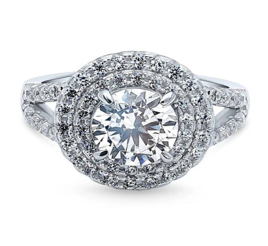 Halo Round CZ Statement Split Shank Ring in Sterling Silver