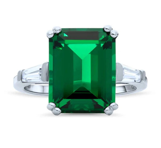 Solitaire Simulated Emerald CZ Statement Ring in Sterling Silver 8.5ct