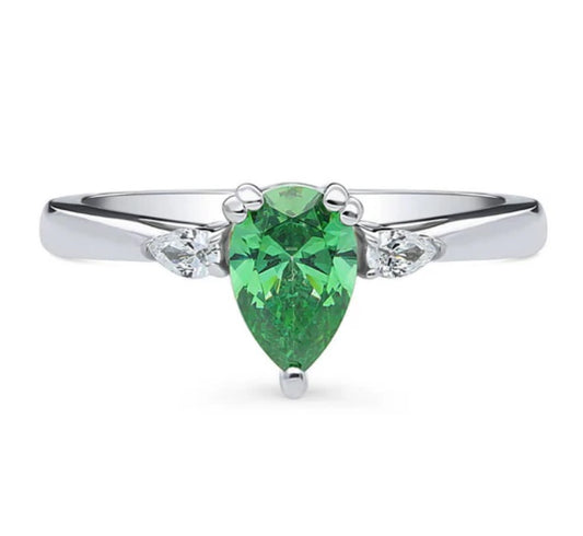 3-Stone Green Pear CZ Ring in Sterling Silver