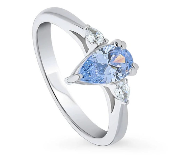 3-Stone Greyish Blue Pear CZ Ring in Sterling Silver