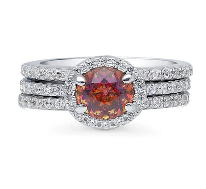 Halo Kaleidoscope Red Orange Round CZ Ring Set in Sterling Silver
