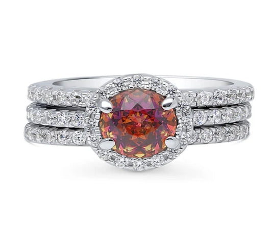 Halo Kaleidoscope Red Orange Round CZ Ring Set in Sterling Silver
