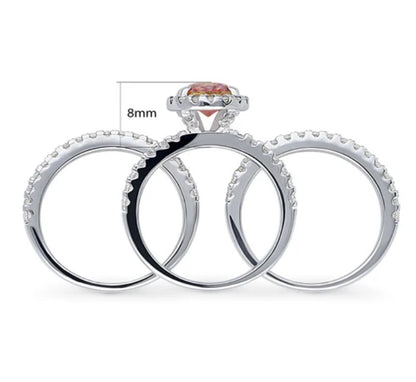 Halo Kaleidoscope Red Orange Round CZ Ring Set in Sterling Silver