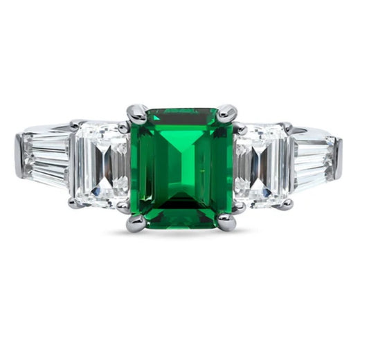 3-Stone Simulated Emerald CZ Ring in Sterling Silver