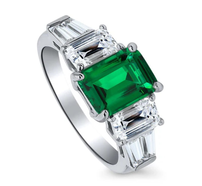 3-Stone Simulated Emerald CZ Ring in Sterling Silver