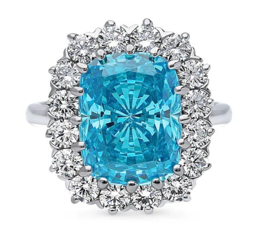 Halo Blue Cushion CZ Statement Ring in Sterling Silver