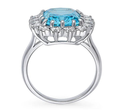 Halo Blue Cushion CZ Statement Ring in Sterling Silver