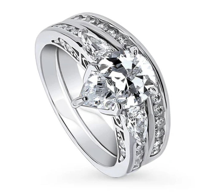 3-Stone Pear CZ Ring Set in Sterling Silver