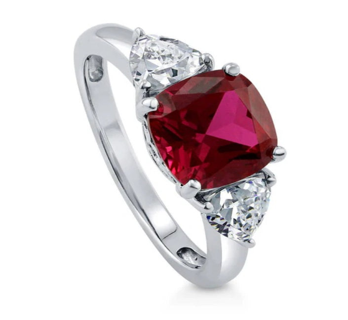 3-Stone Simulated Ruby Cushion CZ Ring in Sterling Silver
