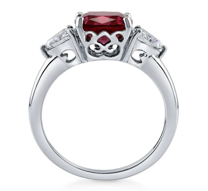 3-Stone Simulated Ruby Cushion CZ Ring in Sterling Silver