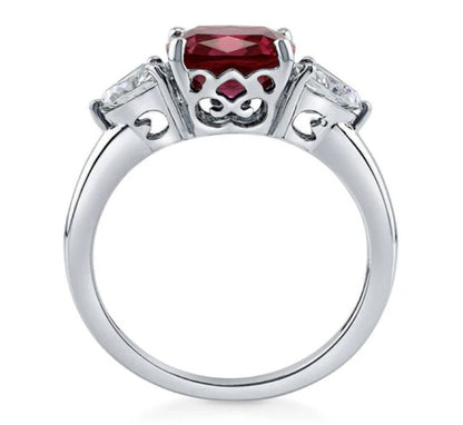 3-Stone Simulated Ruby Cushion CZ Ring in Sterling Silver