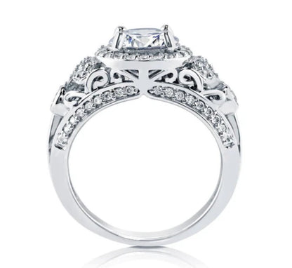 Halo Art Deco Round CZ Ring in Sterling Silver