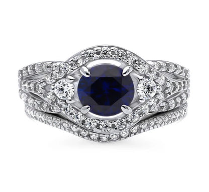 3-Stone Simulated Blue Sapphire Round CZ Ring Set in Sterling Silver