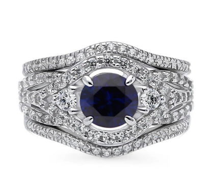 3-Stone Simulated Blue Sapphire Round CZ Ring Set in Sterling Silver