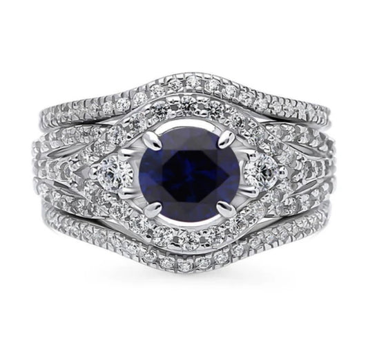 3-Stone Simulated Blue Sapphire Round CZ Ring Set in Sterling Silver