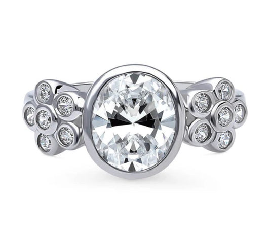 Flower Solitaire Bezel Set CZ Ring in Sterling Silver