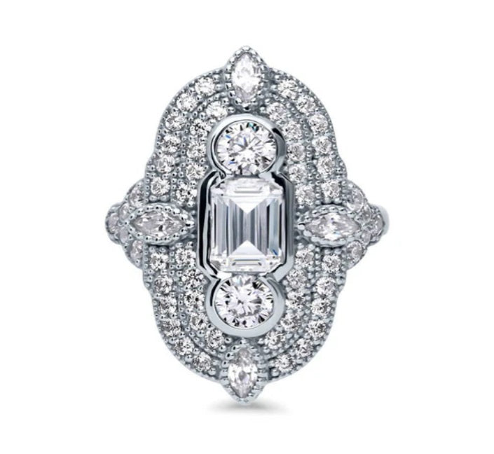 Art Deco Milgrain CZ Statement Ring in Sterling Silver