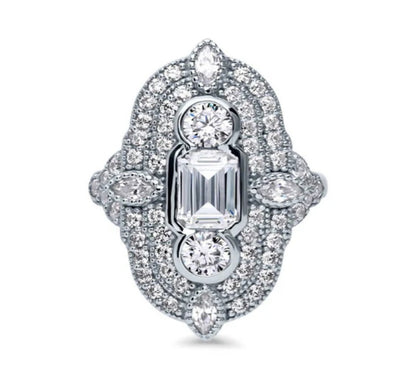 Art Deco Milgrain CZ Statement Ring in Sterling Silver