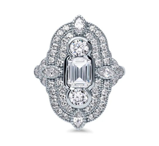 Art Deco Milgrain CZ Statement Ring in Sterling Silver
