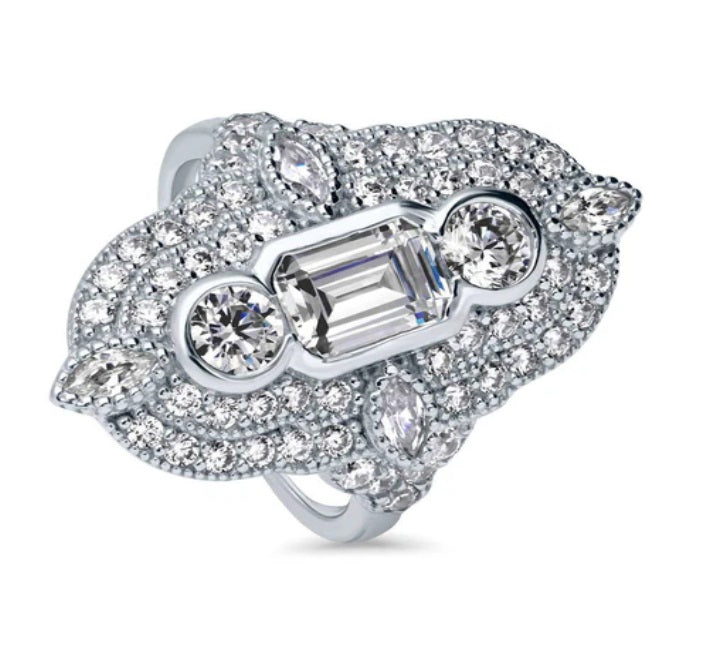 Art Deco Milgrain CZ Statement Ring in Sterling Silver