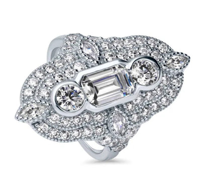 Art Deco Milgrain CZ Statement Ring in Sterling Silver