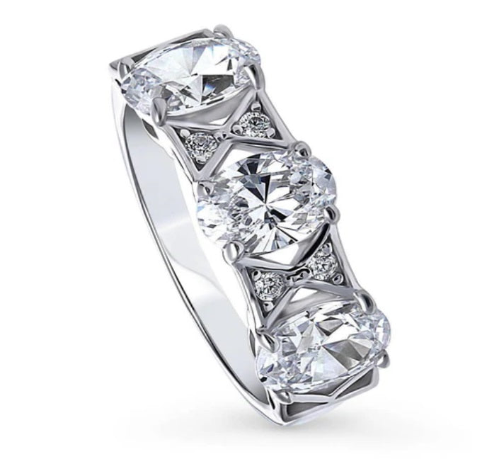 3-Stone Art Deco Oval CZ Statement Ring in Sterling Silver