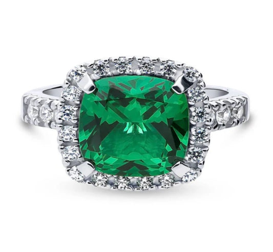 Halo Green Cushion CZ Statement Ring in Sterling Silver