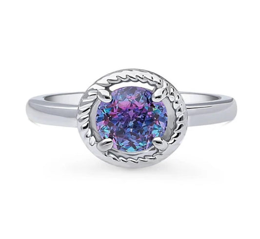 Solitaire Purple Aqua Round CZ Ring in Sterling Silver 1.25ct